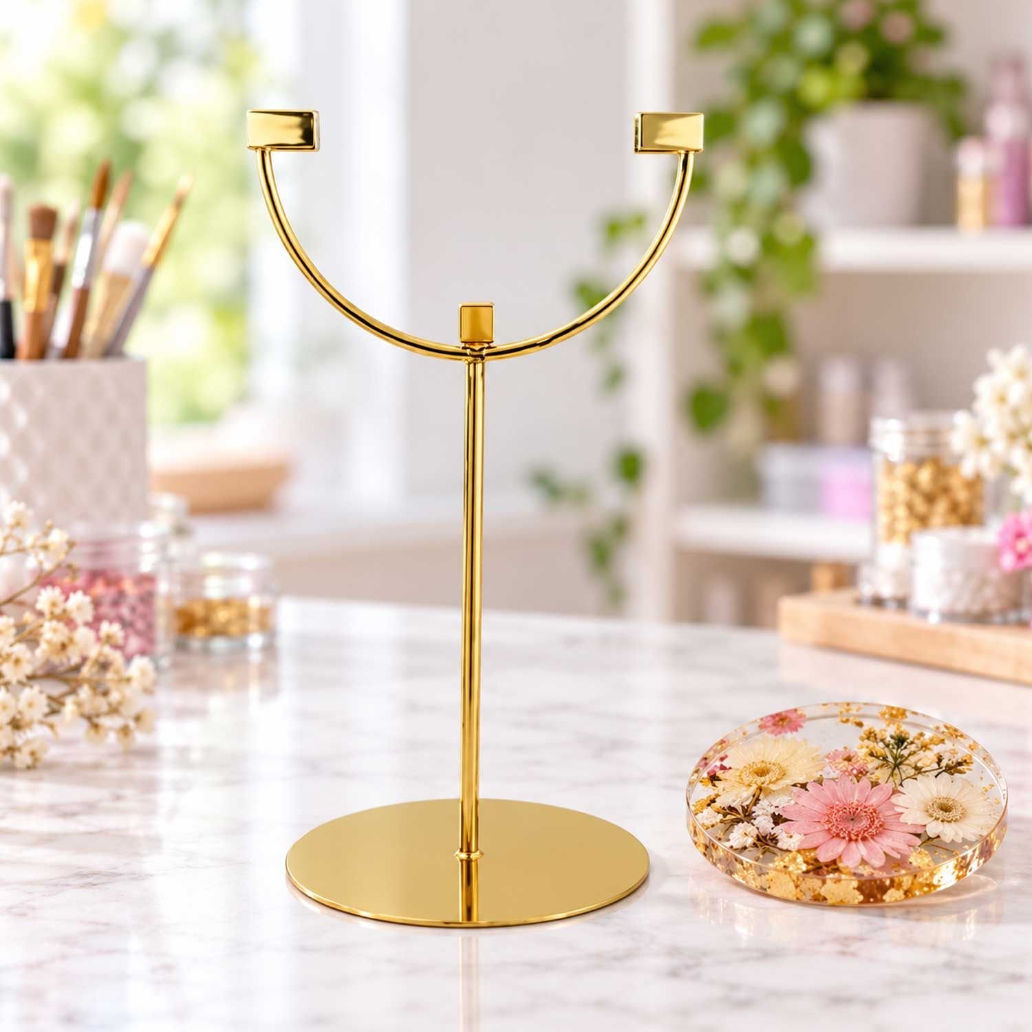 Golden Metal Round Moon Stand For Resin Frame And DIY Arts