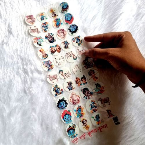 Baal Krishna, Ganesha, And Radha Circular UV DTF Sticker Sheet