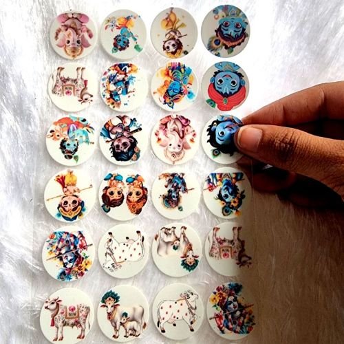 Baal Krishna, Ganesha, And Radha Circular UV DTF Sticker Sheet hover