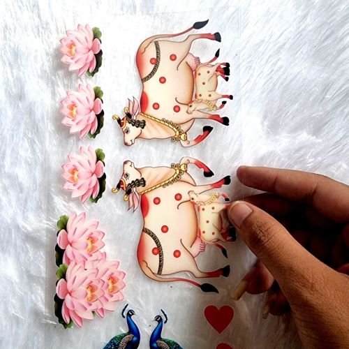 Pichwai-style Cow, Peacock, And Lotus Designs UV DTF Sticker hover
